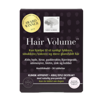 New Nordic Hair Volume™-tabletter med æbleekstrakt, der bidrager til at opretholde normalt hår samt en sund hud og sunde negle. Produktet er udviklet til daglig hårpleje og næring indefra.