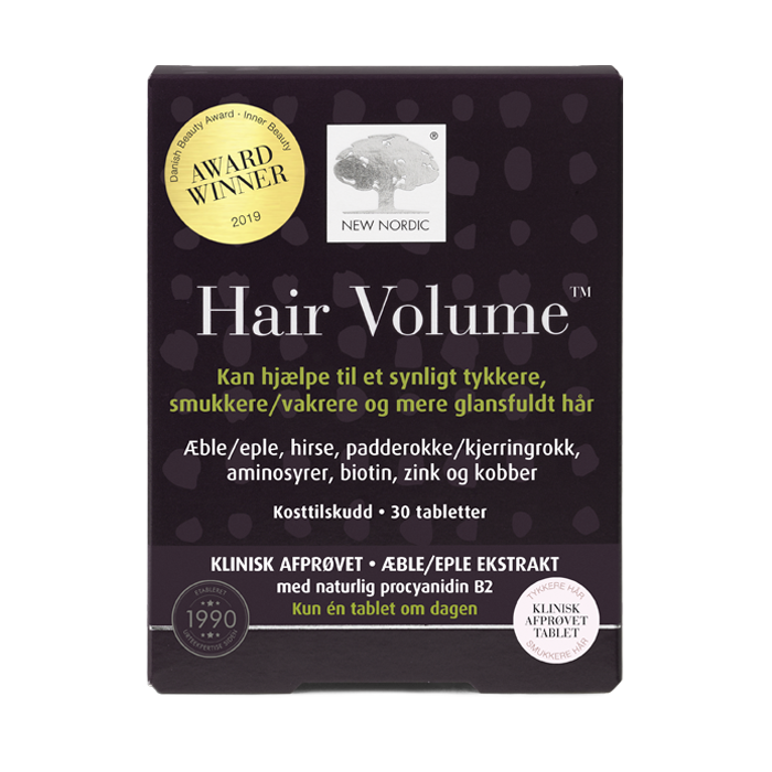 New Nordic Hair Volume™-tabletter med æbleekstrakt, der bidrager til at opretholde normalt hår samt en sund hud og sunde negle. Produktet er udviklet til daglig hårpleje og næring indefra.