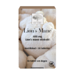 New Nordic Lion’s Mane™ med 600 mg løvehale-ekstrakt, afbildet på emballagen med et nærbillede af den hvide løvehale-svamp.