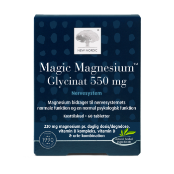 New Nordic Magic Magnesium Glycinat 550 mg™ med magnesium, B-vitaminer, D-vitamin og urter, hvor magnesium bidrager til nervesystemets normale funktion og en normal psykisk funktion.