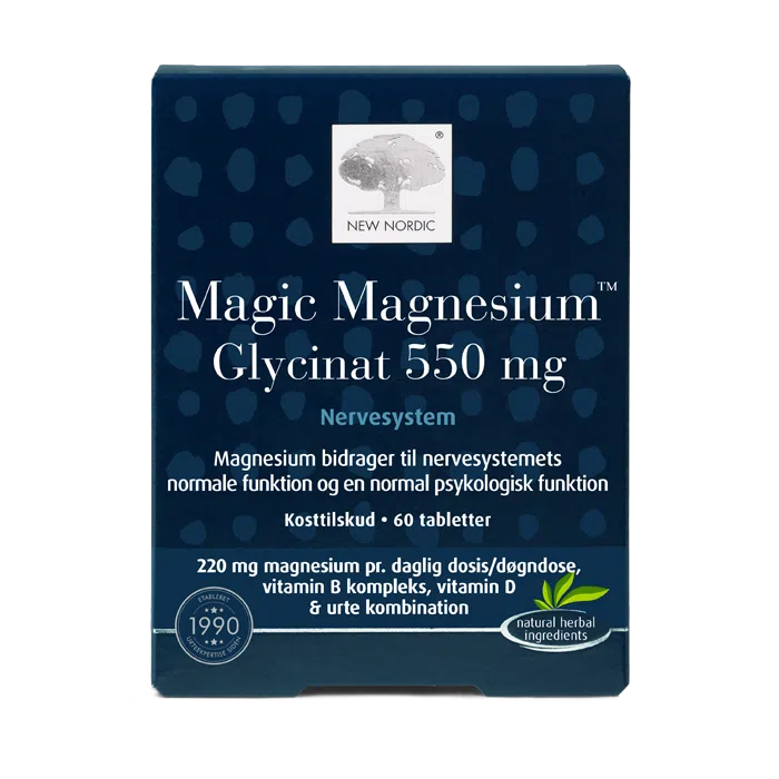 New Nordic Magic Magnesium Glycinat 550 mg™ med magnesium, B-vitaminer, D-vitamin og urter, hvor magnesium bidrager til nervesystemets normale funktion og en normal psykisk funktion.