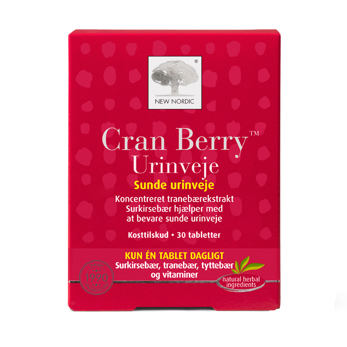 web_packshot_cranberry_30_DKNO New Nordic Cran Berry Urinveje™ med koncentreret tranebærekstrakt. Surkirsebær bidrager til at opretholde sunde urinveje.