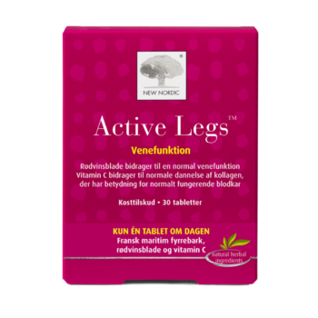De nye Nordic Active Legs™-tabletter med røde vinblade, fyrrebark og C-vitamin bidrager til at opretholde sunde vener og blodkar samt mindske trætte og tunge ben.