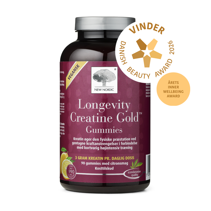 New Nordic Longevity Creatine Gold™ Gummies med kreatin, som øger den fysiske præstation ved gentagne kraftanstrengelser i forbindelse med kortvarig højintensiv træning, udmærket med Danish Beauty Award 2026-vinderbadget.