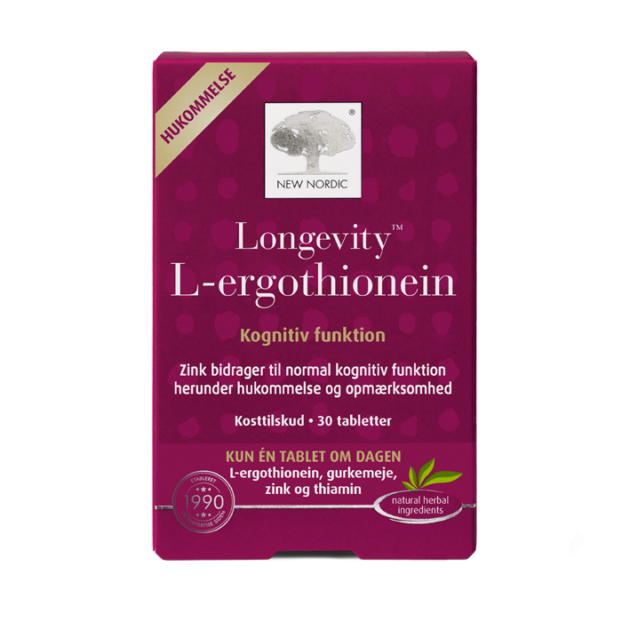 New Nordic Longevity L-ergothionein™ med L-ergothionein, gurkemeje, zink og thiamin, hvor zink bidrager til normal kognitiv funktion, herunder hukommelse og opmærksomhed.