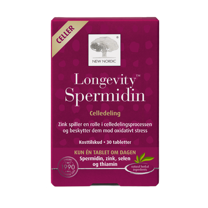 New Nordic Longevity Spermidin™ indeholder spermidin, zink, selen og thiamin, hvor zink spiller en rolle i celledelingsprocessen og bidrager til at beskytte cellerne mod oxidativt stress.
