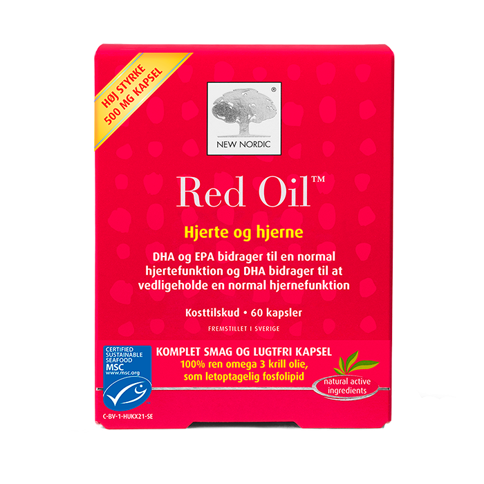 di_webpackshot_Red_oil_60_DK New Nordic Red Oil™ med omega-3 fra krillolie, hvor EPA og DHA bidrager til en normal hjertefunktion, og DHA bidrager til at opretholde en normal hjernefunktion.