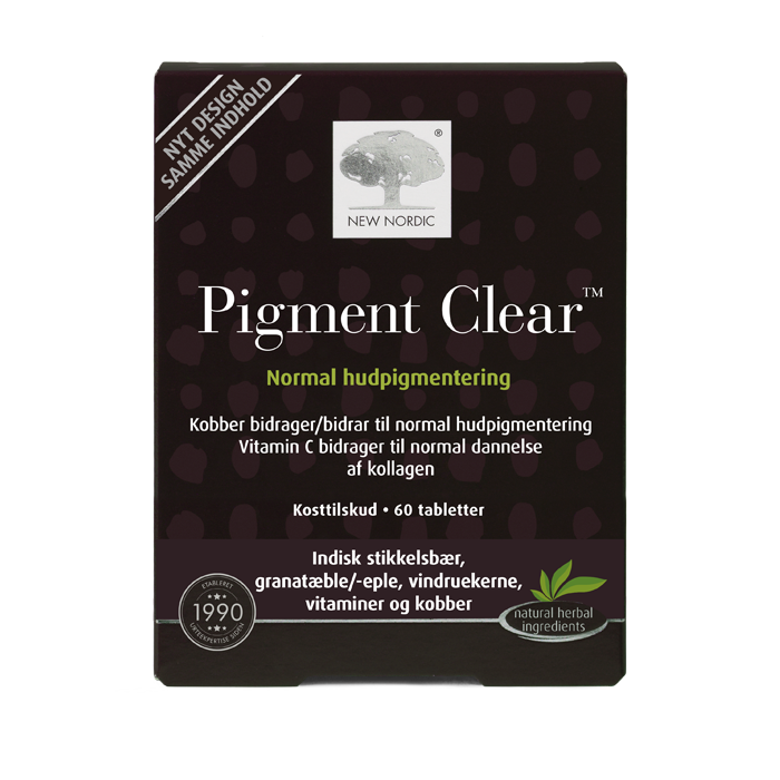 di_webpackshot_pigmentclear_60_dk:no_new New Nordic Pigment Clear™ med kobber, C-vitamin og planteekstrakter, hvor kobber bidrager til normal hudpigmentering, og C-vitamin bidrager til normal dannelse af kollagen, så huden kan fungere normalt.