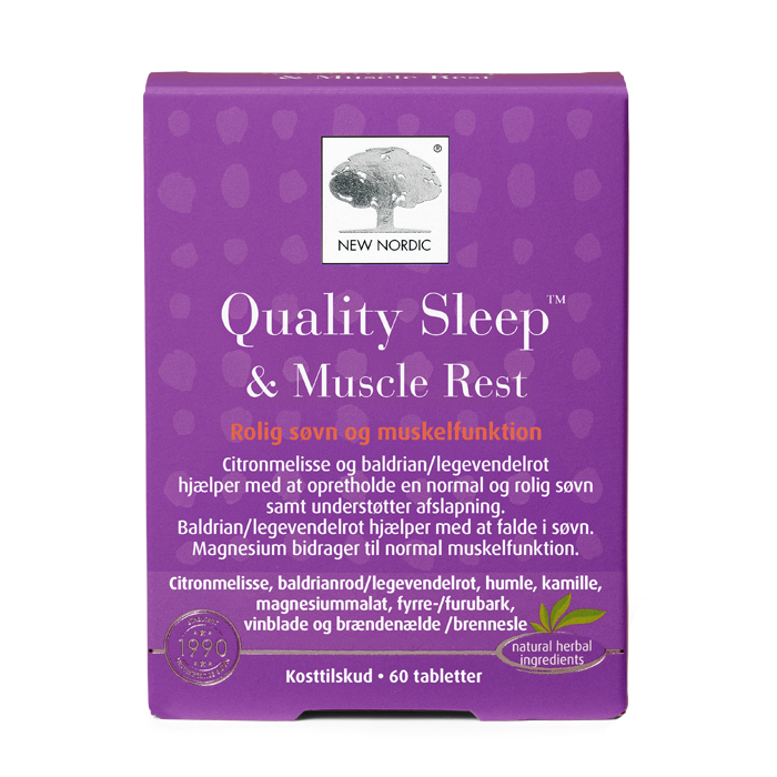 di_webpackshot_qualitysleepmusclerest_dk_NEW New Nordic Quality Sleep™ & Muscle Rest produktæske på transparent baggrund.